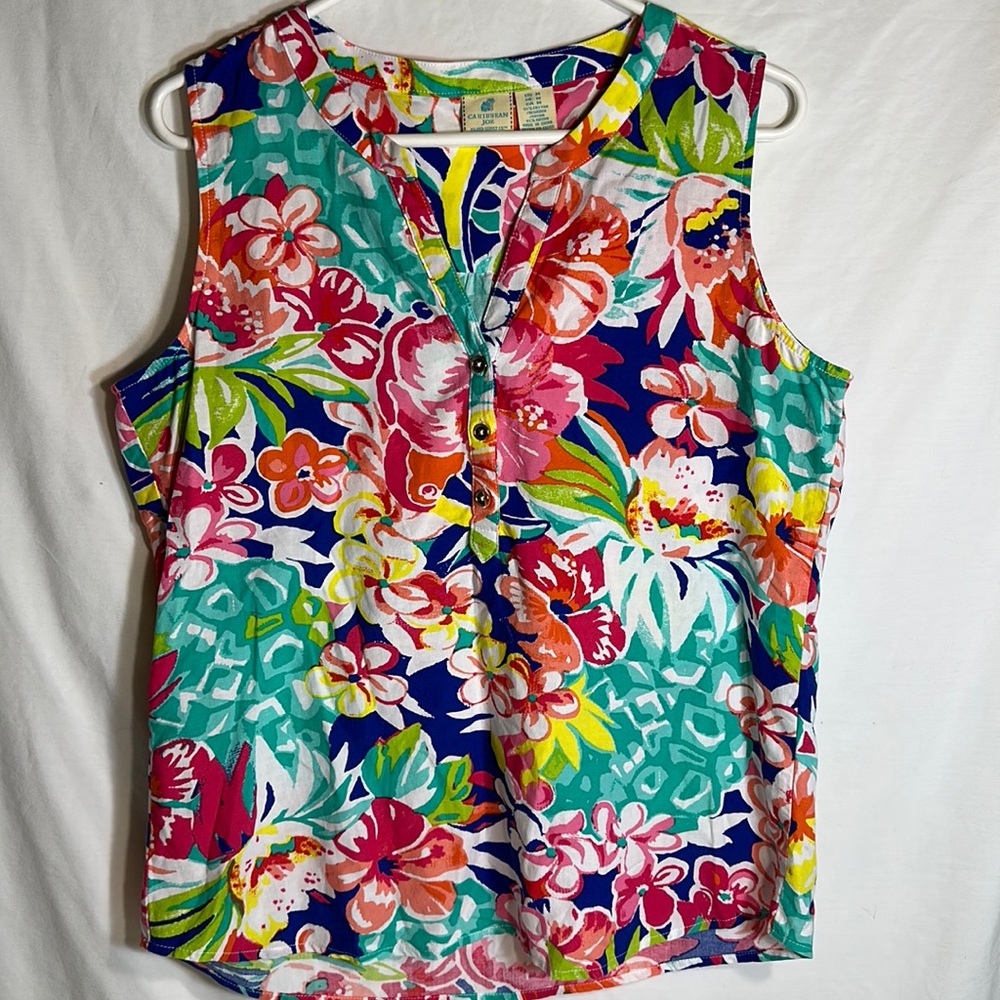 Caribbean Joe Floral Partial Button Up V-Neck Tank Top Size Medium